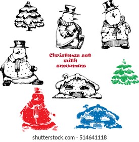 Vector Merry Christmas and New Year set with cute snowman's , house and Christmas tree. Ink illustration.