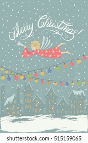 Vector Merry Christmas and New Year card an evening landscape with houses and luminous windows and flying Christmas angel