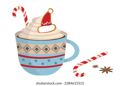 Vector Merry Christmas ornamental blue cute mug with hot cocoa or coffee, sweet cream, Santa Claus gingerbread cookie, candy canes, and vanilla flower. Decorative holiday coffee cup with ornaments.