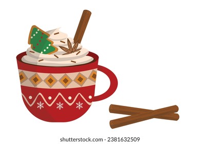 Vector Merry Christmas ornamental cute mug with hot cocoa or coffee, sweet cream, tree gingerbread cookie, candy cane, cinnamon stick and vanilla flower. Decorative holiday coffee cup with ornaments.