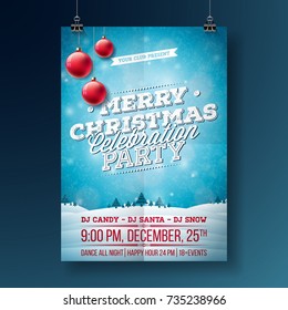 Vector Merry Christmas Party Flyer Illustration With Typography And Holiday Elements On Blue Background. Winter Landscape Invitation Poster Template