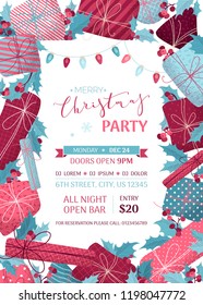 Vector Merry Christmas Party template. Mistletoe leaves and berries, gifts, garlands of pink and blue lamps. Happy holidays flat background. Hand-drawn stipple texture. There is copyspace for text.