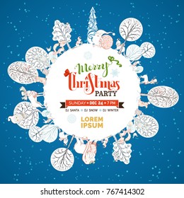 Vector Merry Christmas party template. Linear woodland animals and winter trees on the Earth. Santa Claus with big sack full of gifts. Cute