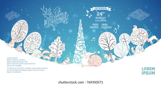 Vector Merry Christmas party template. Forest animals in hats and scarves. Winter trees and Christmas tree. Santa Claus with big sack full of gifts. Cute fox, hare, deer, owl, squirrel and hedgehog.