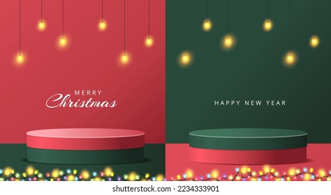 Vector Merry Christmas with podium exhibit displays award ceremony, Product presentation with Christmas lights Colorful Xmas garland glow light bulbs on wire strings