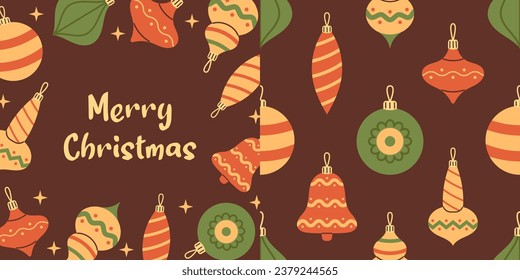 Vector Merry Christmas postcard or greeting card design. Square illustration and seamless pattern with christmas baubles, decorations and ornaments. Christmas cards design.