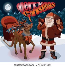 Cartão postal de Natal feliz vetor com Santa e Reindeer Rudolf na floresta de neve noturna sob grande lua, mostrar a hora de ganhar presentes em breve 