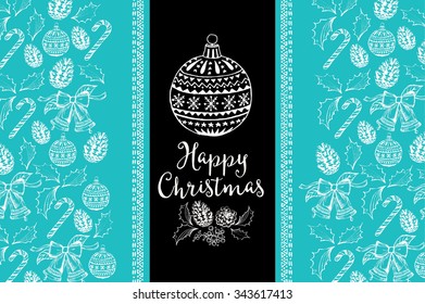 Vector merry christmas, poster design. Vector holiday template with xmas hand-drawn graphic. Happy New Year invitation flyer.