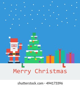 Vector Merry Christmas poster. Flat pixel art.