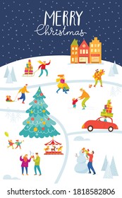 Vector Merry Christmas  poster for winter holiday season with city map, tree, car and abstract people doing winter activities. New Year card with city and buildings