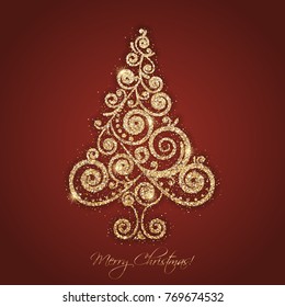 Vector Merry Christmas retro card with gold shiny Christmas tree