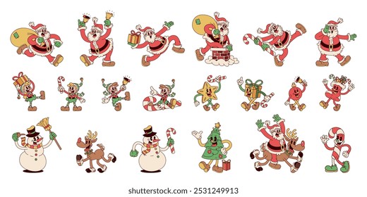 Vetor Feliz Natal Retro Cartoon Personagens Estilo Groovy Set Ilustração Isolada