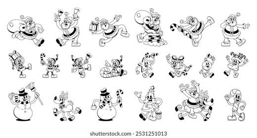 Vector Merry Christmas Retro Cartoon Characters Style Groovy Set Illustration Isolated