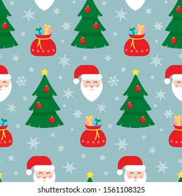 Vector Merry Christmas retro seamless pattern on winter background. Repeat backdrop with Xmas tree, Santa Claus, sack with gift boxes, snow flakes. Christmas pattern for paper, wrapping, print.  
