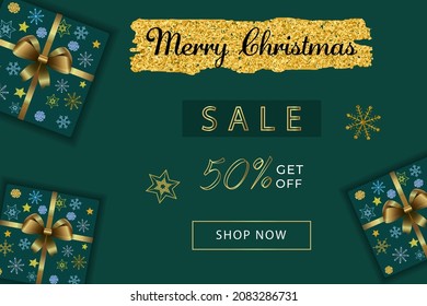 A Vector Merry Christmas Sale Banner with the Shiny, Glitter Decor. A Discount Template with the Hand drawn Snowflakes and gifts.