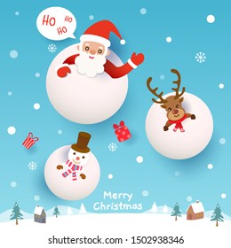Vector of Merry Christmas with santa claus,reindeer and snowman in the snow on snowy on town background.