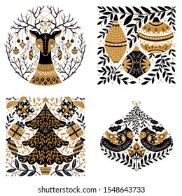 Vector Merry Christmas scandinavian illustration isolated on background. Set with cute xmas tree, gift and Deer, balls, bird hand drawn designs. Vector elements for Xmas design.