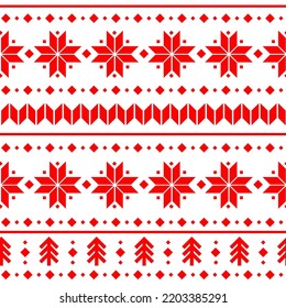 Vector Merry Christmas seamless background with traditional ugly sweater pattern. Winter red endless backdrop, season Xmas decoration with snowflakes, Christmas trees. 