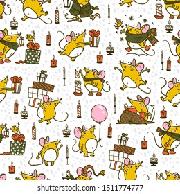 Vector Merry Christmas seamless pattern with hand drawn happy mice characters isolated. Mouse celebrate happy, jump, carry gifts. For stickers, packaging paper, congratulation cards, present tags etc.