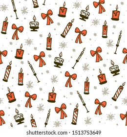 Vector Merry Christmas seamless pattern with simple hand drawn decor elements isolated. Stars, snowflakes. For stickers, packaging paper, congratulation cards, present tags etc.