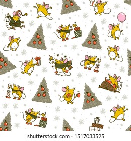 Vector Merry Christmas seamless pattern with hand drawn happy mice characters isolated. Mouse celebrate happy, jump, carry gifts. For stickers, packaging paper, congratulation cards, present tags etc.
