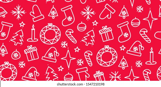 Vector Merry Christmas seamless pattern with line doodle icons. Christmas tree baubles and balls, sweets, candy canes, stars, candeles and snowflakes, bells and wreath, santa hat and sock