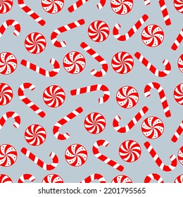 Vector Merry Christmas seamless pattern with candy canes, peppermint sweets. Festive Xmas backdrop for print, decoration, wrapping. Merry Christmas digital wrap paper design.