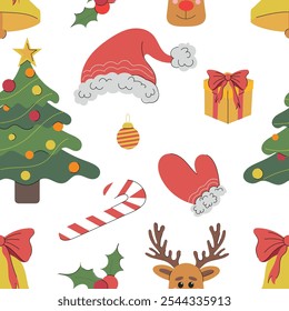 Vector merry Christmas seamless pattern. Christmas tree, rein deer, santa claus red hat, striped candy cane, glove, snowman on white. Winter wrapping paper decoration, greeting card, wallpaper.