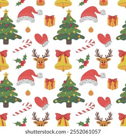 Vector merry Christmas seamless pattern. Christmas tree, rein deer, santa claus red hat, striped candy cane, glove, snowman on white. Winter wrapping paper decoration, greeting card, wallpaper