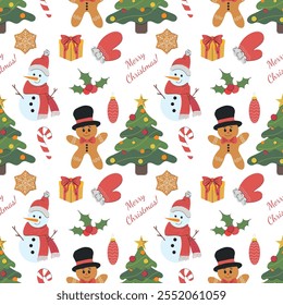 Vector merry Christmas seamless pattern. Christmas tree, gingerbread man cookie, striped candy cane, glove, snowman on white. Winter wrapping paper decoration, greeting card, wallpaper