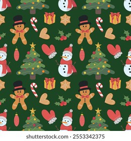 Vector merry Christmas seamless pattern. Christmas tree, gingerbread man cookie, striped candy cane, glove, snowman on green. Winter wrapping paper decoration, greeting card, wallpaper