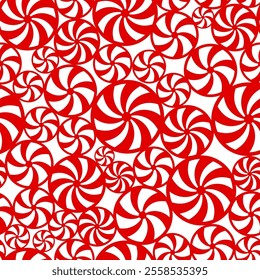 Vector Merry Christmas seamless pattern with traditional sweet red pepper mint candies on white background. Scattered Xmas round candies endless backdrop, template, repeat print, textile   