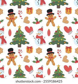 Vector merry Christmas seamless pattern. Christmas tree, gingerbread man cookie, striped candy cane, glove, snowman on white. Winter wrapping paper decoration, greeting card, wallpaper