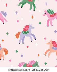 Vector  merry christmas seamless pattern with hourses and colorful stars. Happy new year repeat fabric design or wrapping paper. Symbol of New year 2026 print design 
