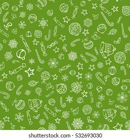 Vector Merry Christmas seamless pattern. Christmas tree baubles, sweets, candy canes, stars, music notes and snowflakes, bells and pine cones on white background.