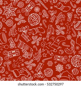 Vector Merry Christmas seamless pattern. Christmas tree baubles, poinsettia, sweets, candy canes, Santa socks, gifts, stars, music notes and snowflakes, mistletoe and gingerbread man, bells and birds.