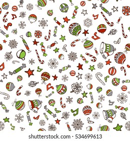 Vector Merry Christmas seamless pattern. Christmas tree baubles, sweets, candy canes, stars, music notes and snowflakes, bells and pine cones on white background.