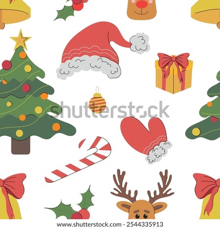 Vector merry Christmas seamless pattern. Christmas tree, rein deer, santa claus red hat, striped candy cane, glove, snowman on white. Winter wrapping paper decoration, greeting card, wallpaper.