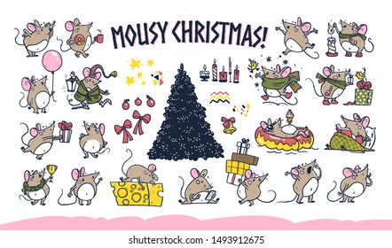 Vector Merry Christmas set of hand drawn funny happy mice characters celebrating isolated on white background. Mouse jump, rest, give present. For stickers collection, congratulation cards, prints etc