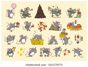 Vector Merry Christmas set of hand drawn happy mice characters isolated. Mouse & cheese, coffee, air balloon, celebrate, jump, carry gifts & fir tree. Stickers, congratulation cards, presents design.