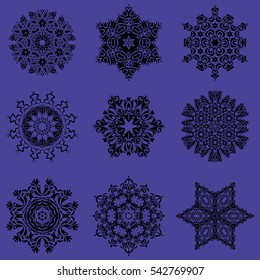 Vector Merry Christmas set of nine snowflakes on a violet background.