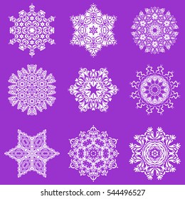 Vector Merry Christmas set of nine snowflakes on a violet background.