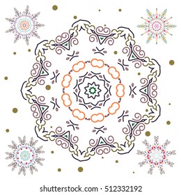 Vector Merry Christmas set of snowflakes in orange and purple colors on a white background.