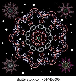 Vector Merry Christmas set of snowflakes in blue and red colors on a black background.