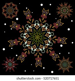 Vector Merry Christmas set of snowflakes in brown and yellow colors on a black background.
