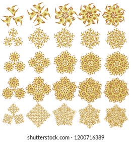 Vector Merry Christmas set of twenty five snowflakes in golden colors on a white background.