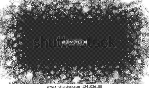Vector Merry Christmas Snow Frame with Realistic\
Bright Snowflakes and Lights Overlay on Transparent Background.\
Xmas and Happy New Year Holidays Abstract Illustration. Magic\
Effect Design Template