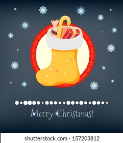 Vector Merry Christmas sock with sweets card on snowy dark background