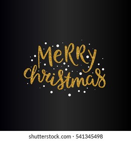 Vector Merry Christmas Text With Glitter Elements. Shine Hand Drawn Letters, Black And Gold. Holiday Illustration For Design Greeting Cards, Photo Overlays, Invitations.