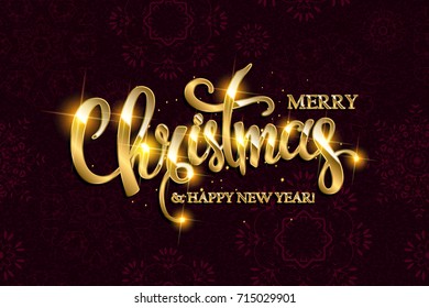 Vector Merry Christmas text with glitter elements. Shine hand drawn letters, Black and gold. Holiday illustration for design greeting cards, photo overlays, invitations.